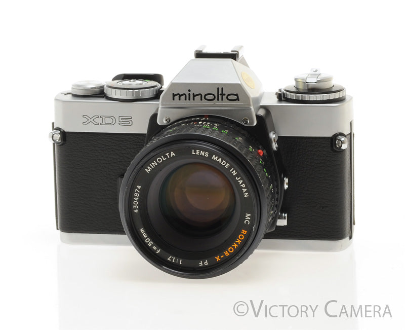 Minolta XD5 XD-5 Chrome 35mm Camera w/ 50mm f1.7 Lens -New Seals- [EXC]