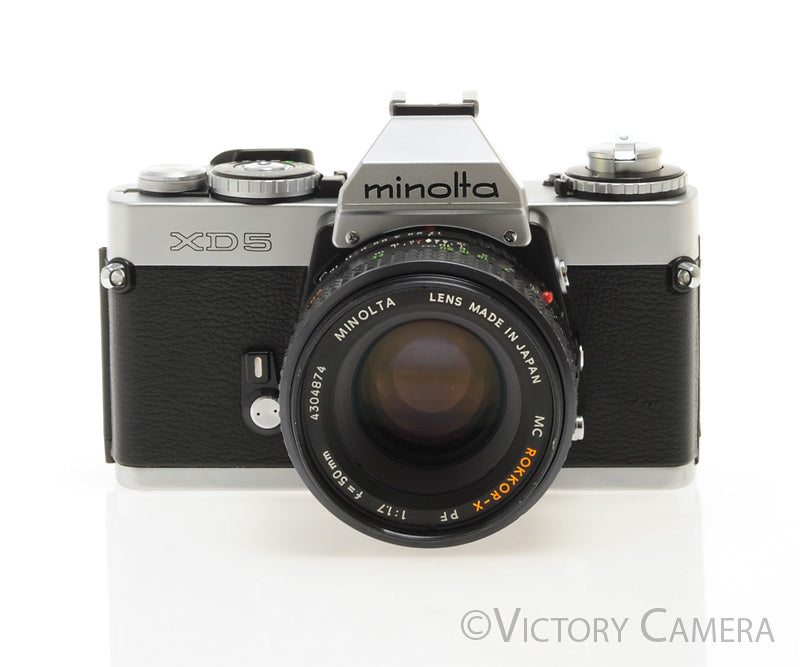 Minolta XD5 XD-5 Chrome 35mm Camera w/ 50mm f1.7 Lens -New Seals- [EXC]