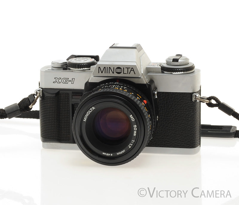 Minolta XG1 Chrome 35mm Camera w/ MD 50mm f1.7 Lens -Good Seals- [EXC+]