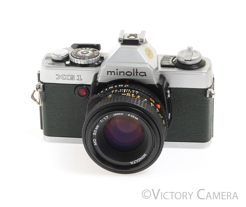 Minolta XG-1 XG1 Chrome &amp; Green 35mm Camera w/ MD 50mm f1.7 Lens -New Seals- - Victory Camera