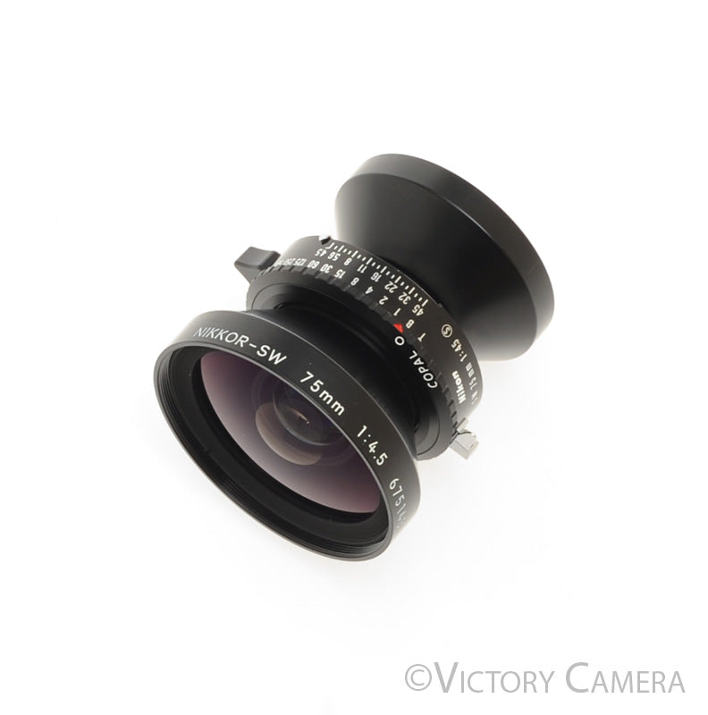 Nikon Nikkor-SW 75mm f4.5 Wide Angle 4x5 Lens Copal 0 Shutter [MINT-] - Victory Camera