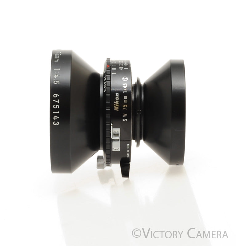 Nikon Nikkor-SW 75mm f4.5 Wide Angle 4x5 Lens Copal 0 Shutter [MINT-] - Victory Camera