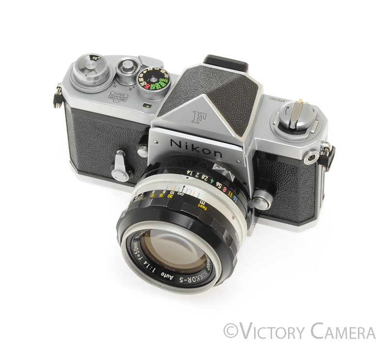 Nikon F Chrome 35mm Camera + 50mm f1.4 Lens Eye Level Finder + Case [EXC-] - Victory Camera