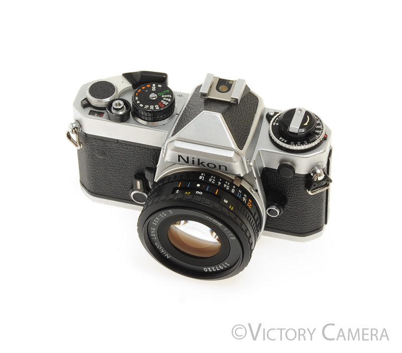 Nikon FE Chrome 35mm Film Camera w/ 50mm f1.8 Lens -New Seals- [EXC]