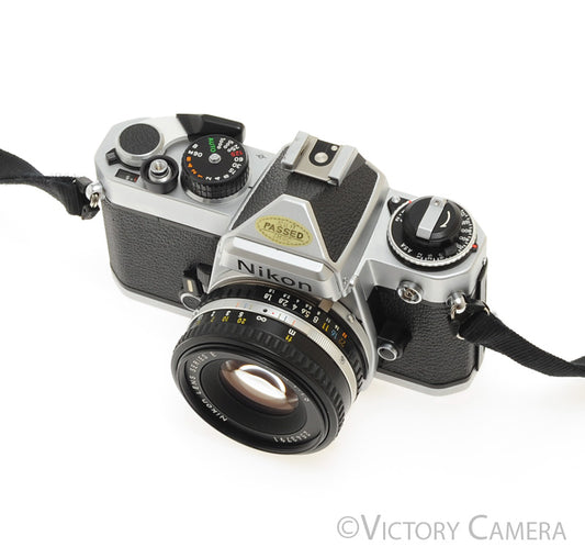Nikon FE Chrome 35mm Film Camera 50mm F1.8 Lens -New Seals- [EXC+] - Victory Camera