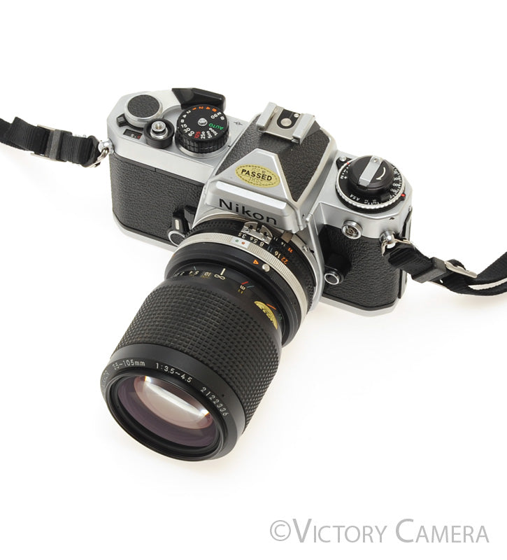 Nikon FE Chrome 35mm Film Camera 35-105mm Zoom Lens -New Seals- [EXC+]
