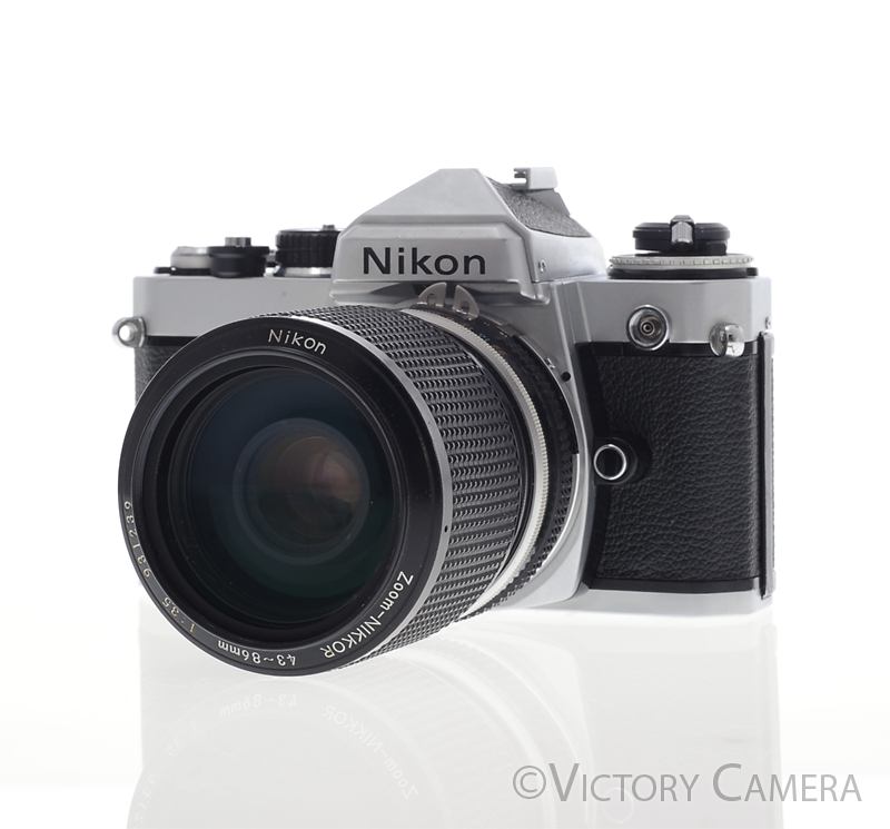 Nikon FE Chrome 35mm Film Camera with 43-86mm f3.5 Zoom Lens [EXC] - Victory Camera