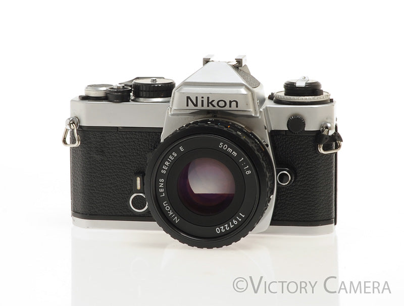 Nikon FE Chrome 35mm Film Camera w/ 50mm f1.8 Lens -New Seals- [EXC]