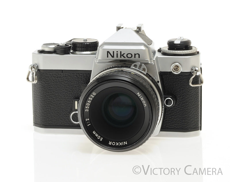Nikon FE Chrome 35mm Film SLR Camera 50mm f2 Lens -New Seals- [EXC+] - Victory Camera