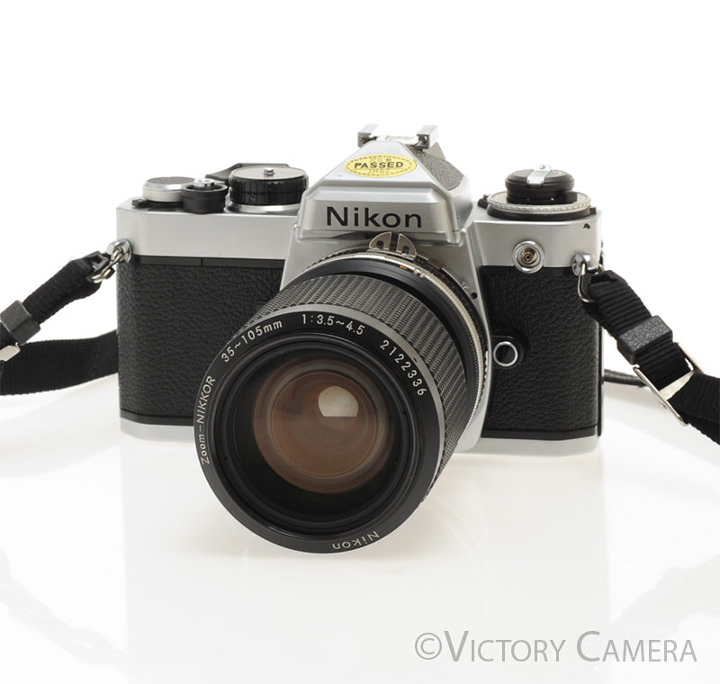 Nikon FE Chrome 35mm Film Camera 35-105mm Zoom Lens -New Seals- [EXC+]
