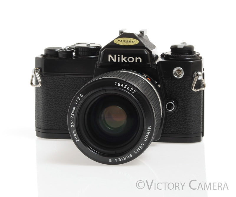 Nikon FE Black 35mm Film SLR Camera w/ 36-72mm f3.5 AI-S Zoom Lens -New Seals- - Victory Camera