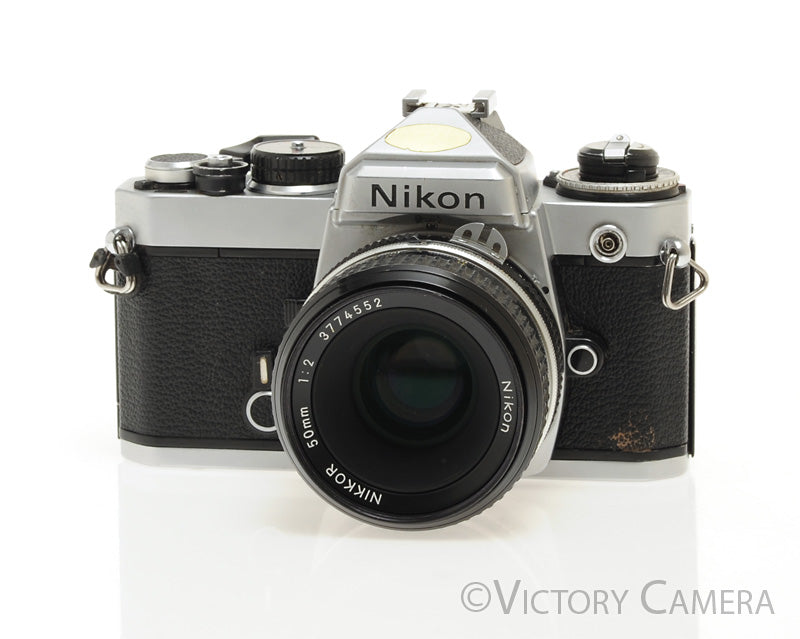 Nikon FE Chrome 35mm Film SLR Camera w/50mm f2 Lens -New Seals- [EXC-] - Victory Camera