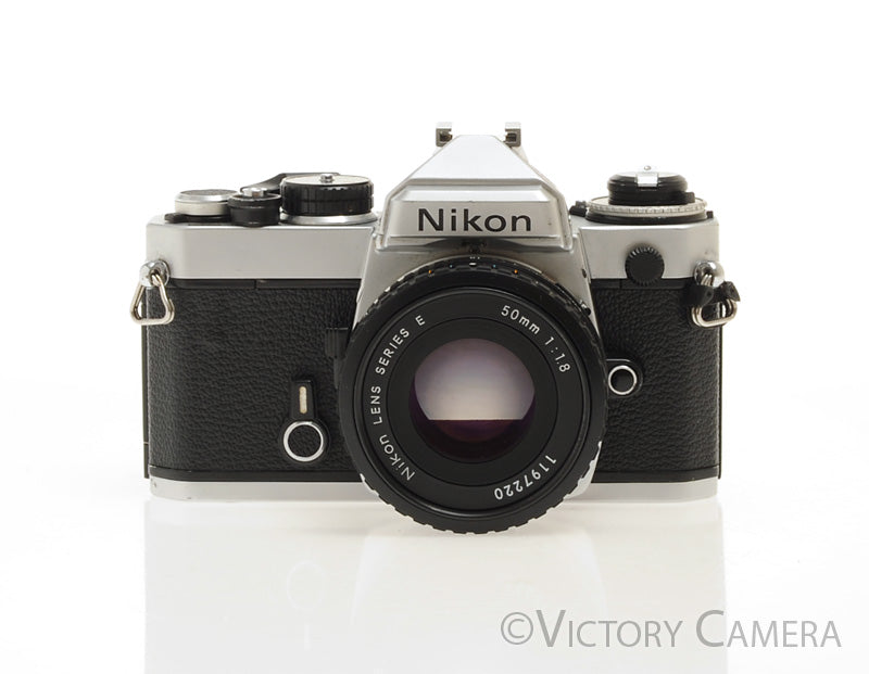 Nikon FE Chrome 35mm Film Camera w/ 50mm f1.8 Lens -New Seals- [EXC]