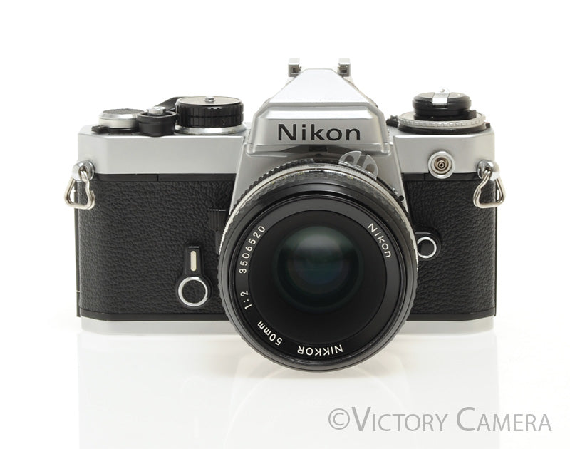 Nikon FE Chrome 35mm Film SLR Camera 50mm f2 Lens -New Seals- [EXC+] - Victory Camera