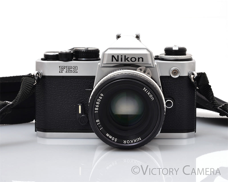 Nikon FE-2 FE2 Chrome 35mm Camera with 50mm f1.8 AI Lens -New Seals- [EXC+]