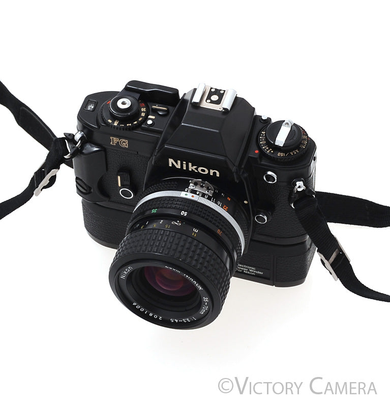 Nikon FG Black Camera w/ 35-70mm Zoom Lens + Motordrive [EXC] - Victory Camera