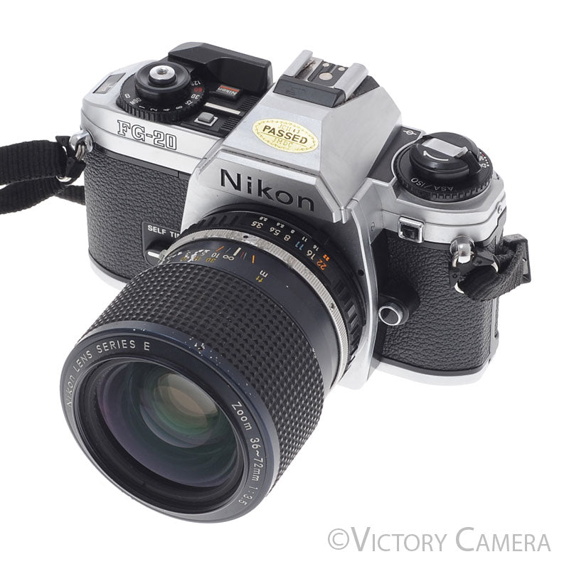 Nikon FG-20 FG20 Chrome 35mm Film Camera w/ 36-72mm Zoom Len [GOOD] - Victory Camera