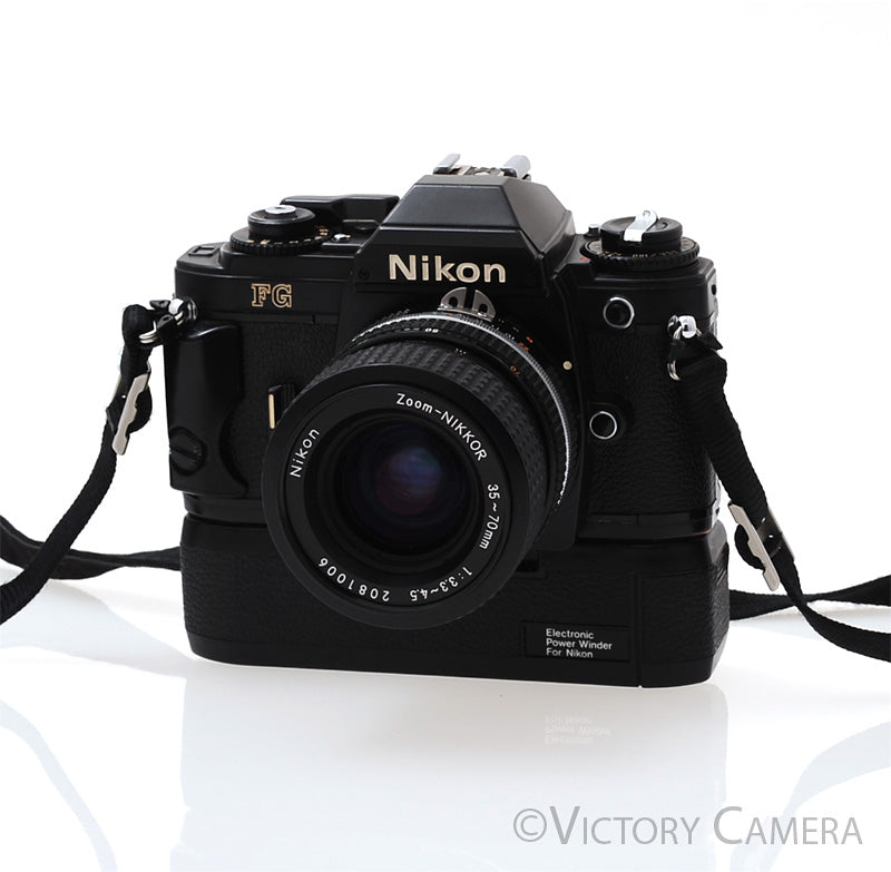 Nikon FG Black Camera w/ 35-70mm Zoom Lens + Motordrive [EXC] - Victory Camera
