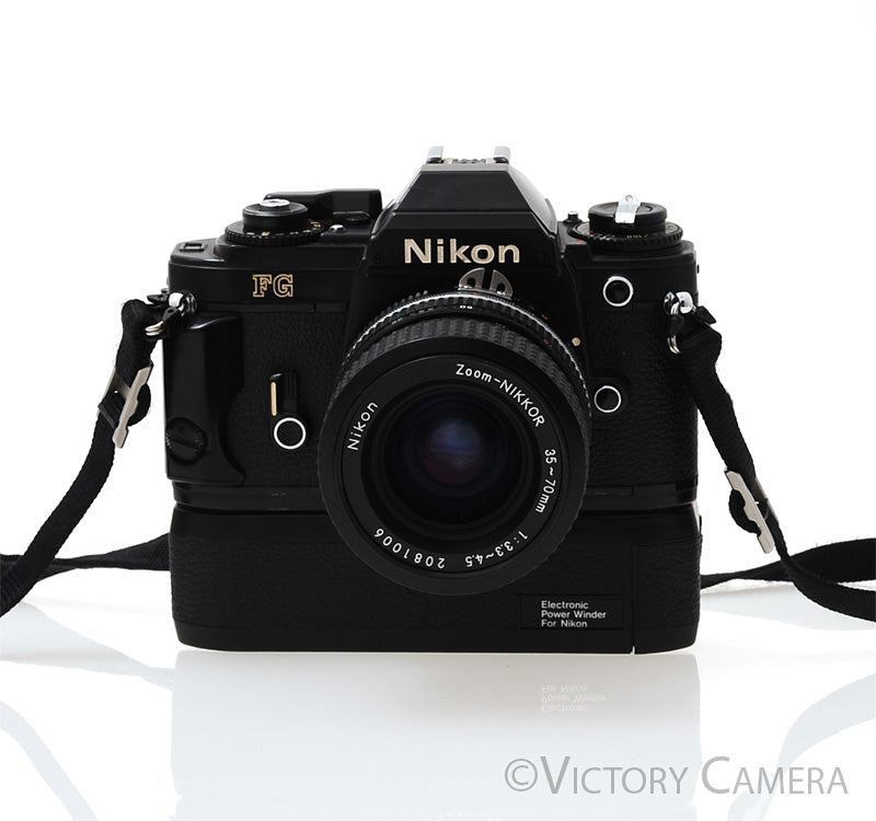 Nikon FG Black Camera w/ 35-70mm Zoom Lens + Motordrive [EXC] - Victory Camera