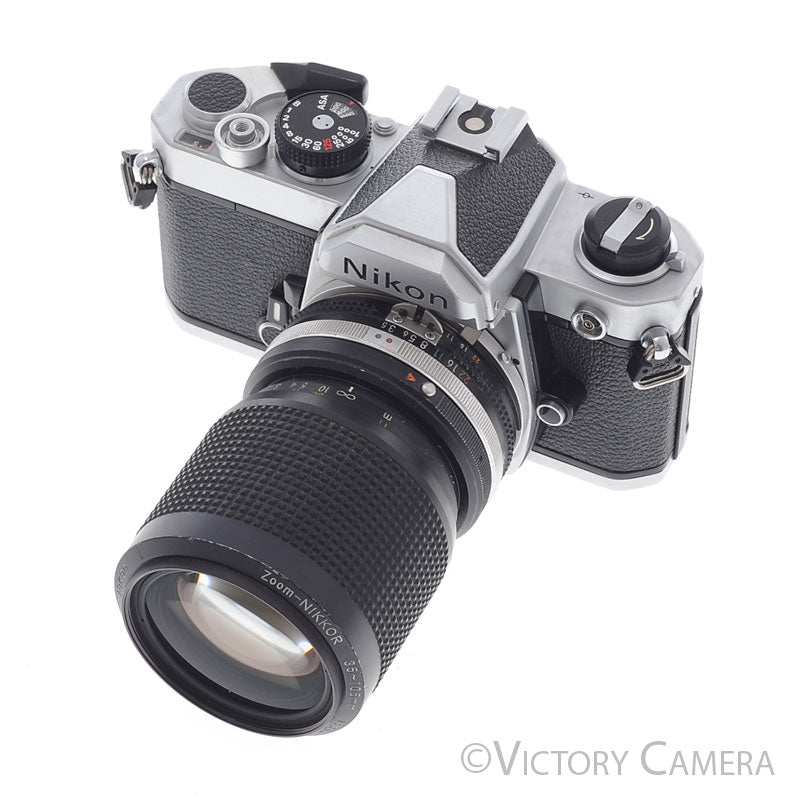 Nikon FM Chrome 35mm Film Camera with 35-105mm AI-S Zoom Lens  [EXC-]