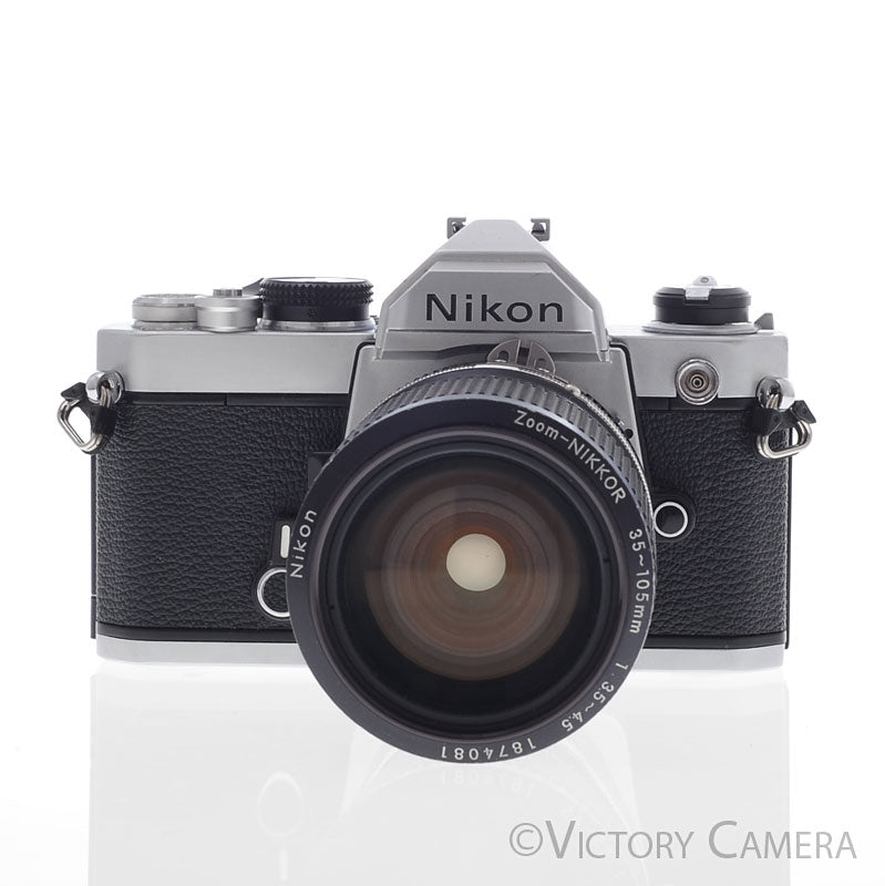 Nikon FM Chrome 35mm Film Camera with 35-105mm AI-S Zoom Lens  [EXC-]