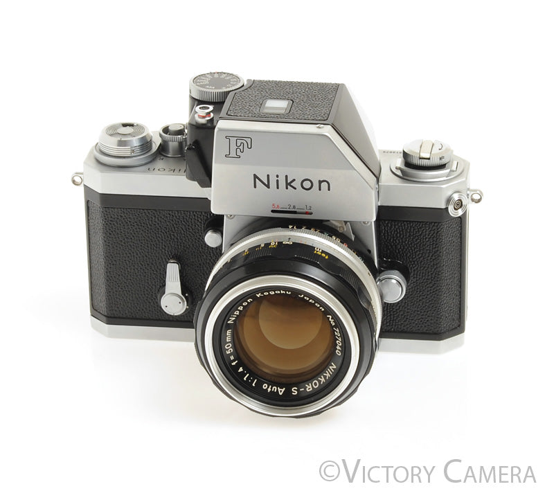 Nikon F Chrome 35mm SLR w/ 50mm f1.4 Nikkor Lens -Clean, Good Meter- - Victory Camera