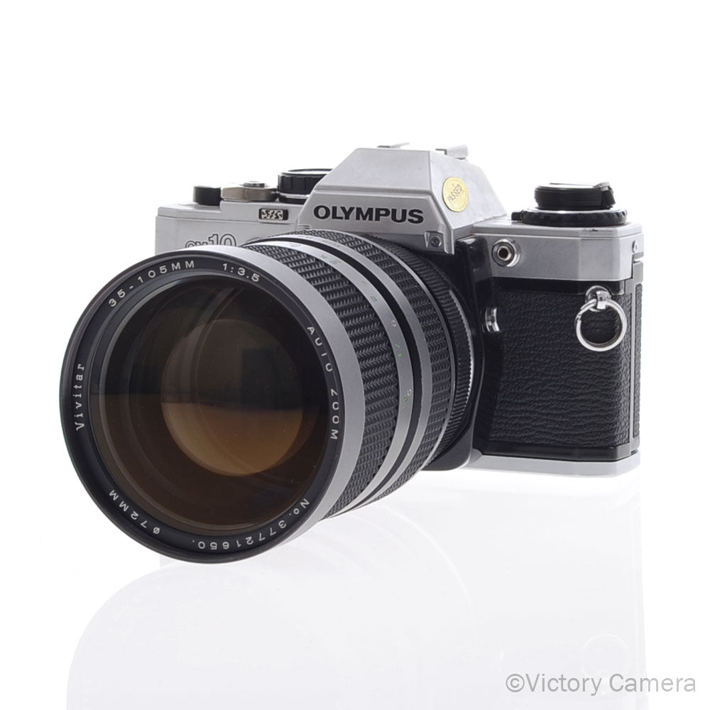 Olympus OM-10 OM10 Chrome 35mm Camera w/ 35-105mm Zoom Lens [EXC]