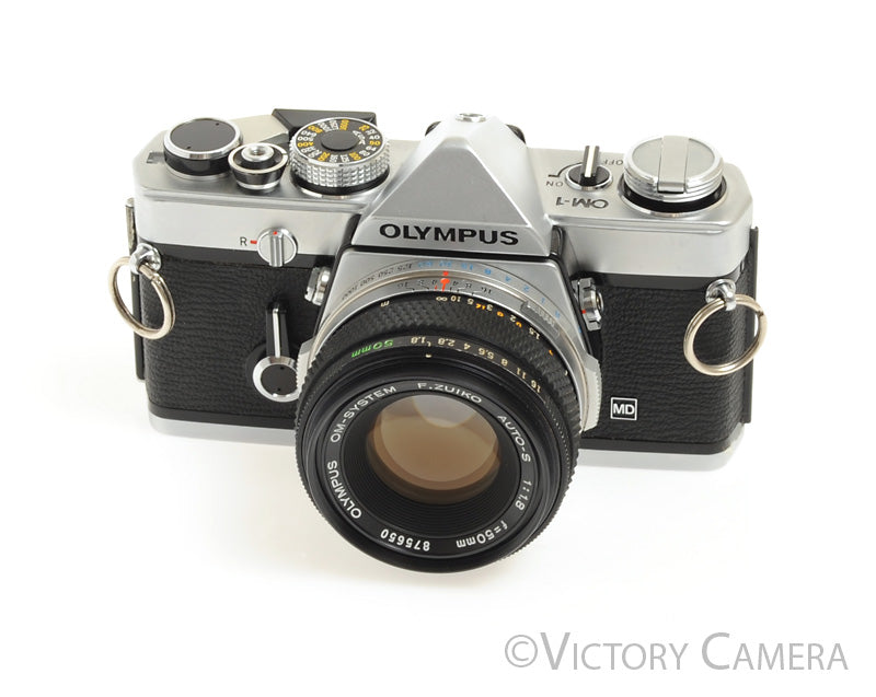 Olympus OM-1 MD Chrome Film Camera Body w/ 50mm f1.8 Lens -New Seals- [EXC] - Victory Camera