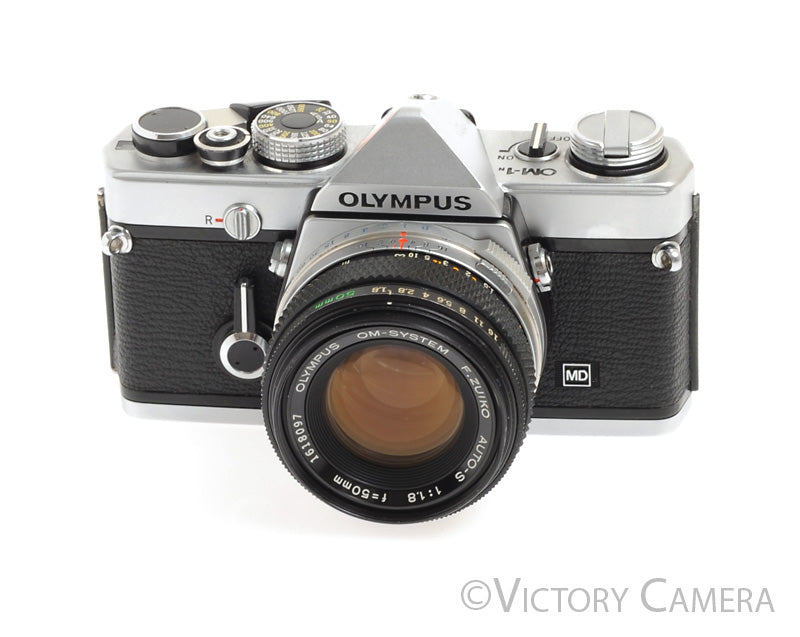 Olympus OM-1N MD Chrome Film Camera Body w/ 50mm F1.8 Lens -New Seals- - Victory Camera