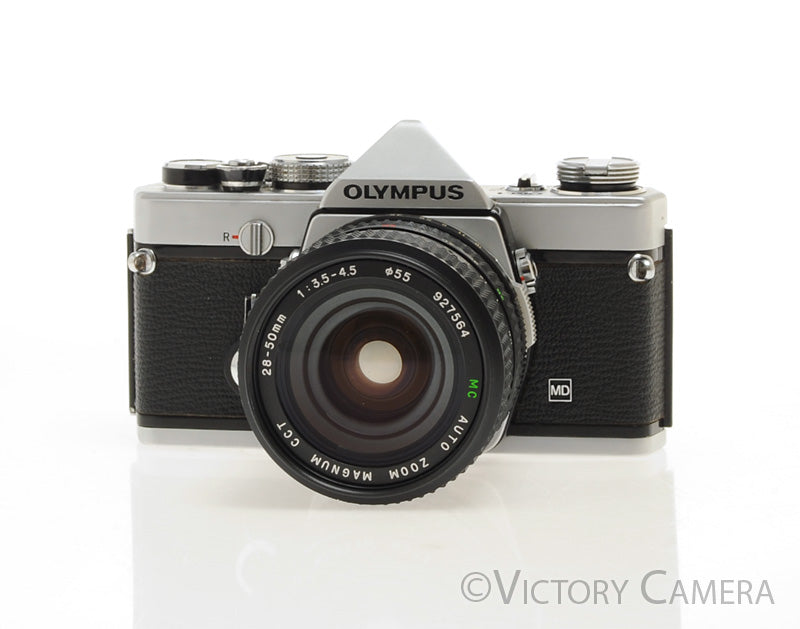 Olympus OM-1 MD Chrome Film Camera Body w/ 28-50mm f3.5-4.5 Zoom Lens [EXC+] - Victory Camera