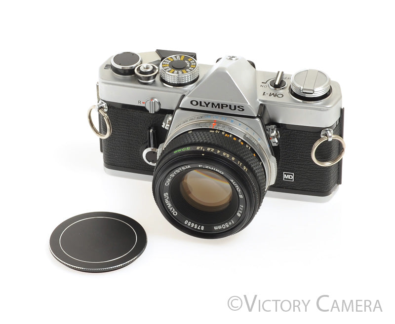 Olympus OM-1 MD Chrome Film Camera Body w/ 50mm f1.8 Lens -New Seals- [EXC] - Victory Camera