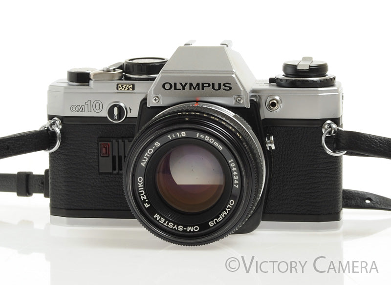 Olympus OM-10 Chrome 35mm Camera w/ 50mm f1.8  Prime Lens -New Seals- [EXC+] - Victory Camera