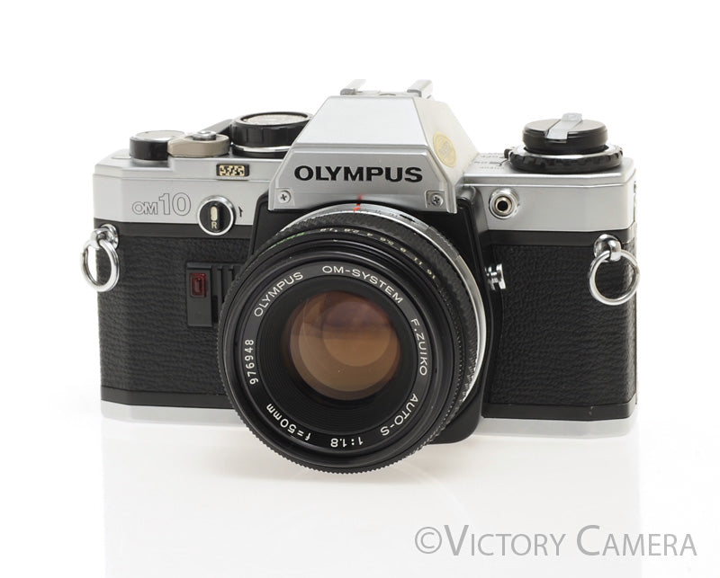Olympus OM-10 Chrome 35mm Camera w/ 50mm f1.8 Prime Lens -New Seals-  [EXC] - Victory Camera