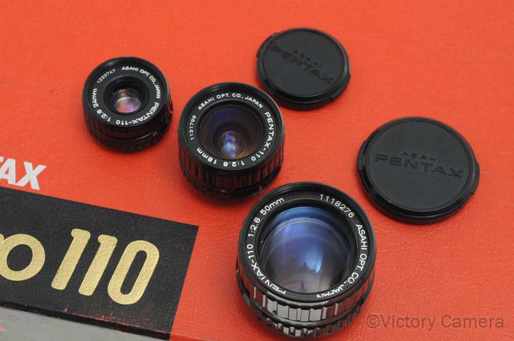 Pentax Auto 110 Lens Kit w/ 18mm f2.8, 24mm f2.8, 50mm f2.8 Prime Lens [EXC+] - Victory Camera