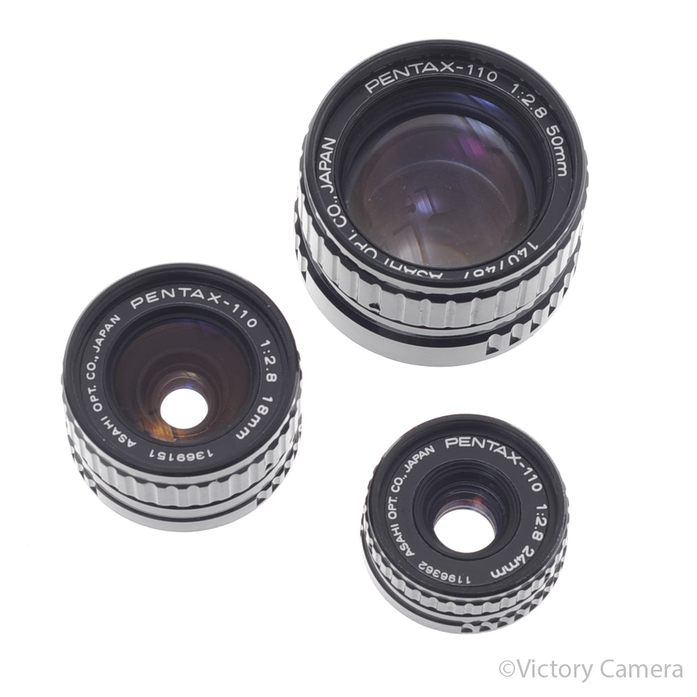 Pentax Auto 110 Lens Kit w/ 18mm f2.8, 24mm f2.8, 50mm f2.8 Prime [EXC] - Victory Camera