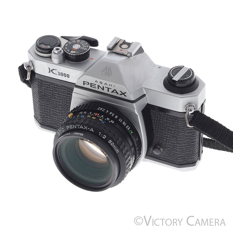 Pentax K1000 Chrome 35mm Film Camera w/ 50mm f2 Lens -No Meter- [GOOD] - Victory Camera