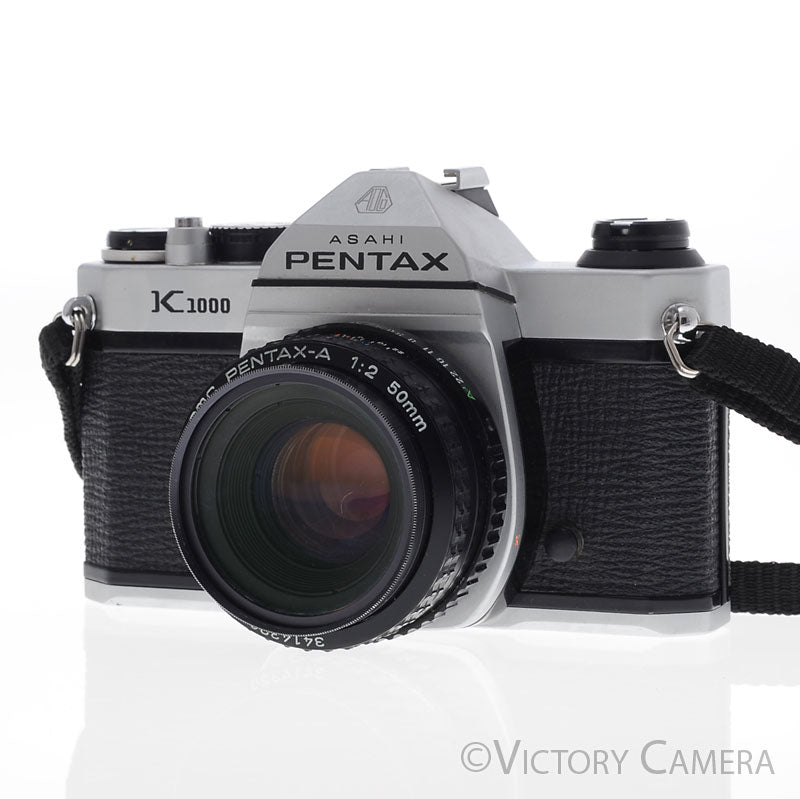 Pentax K1000 Chrome 35mm Film Camera w/ 50mm f2 Lens -No Meter- [GOOD] - Victory Camera