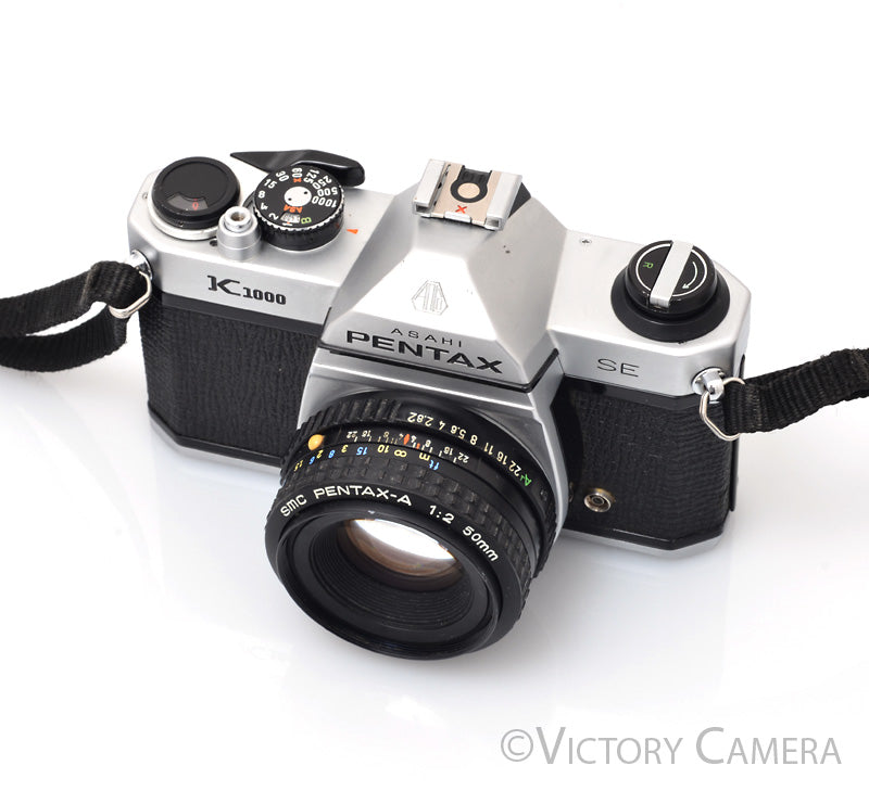 Pentax K1000 SE Chrome 35mm Film Camera w/ 50mm f2 Lens [EXC-]