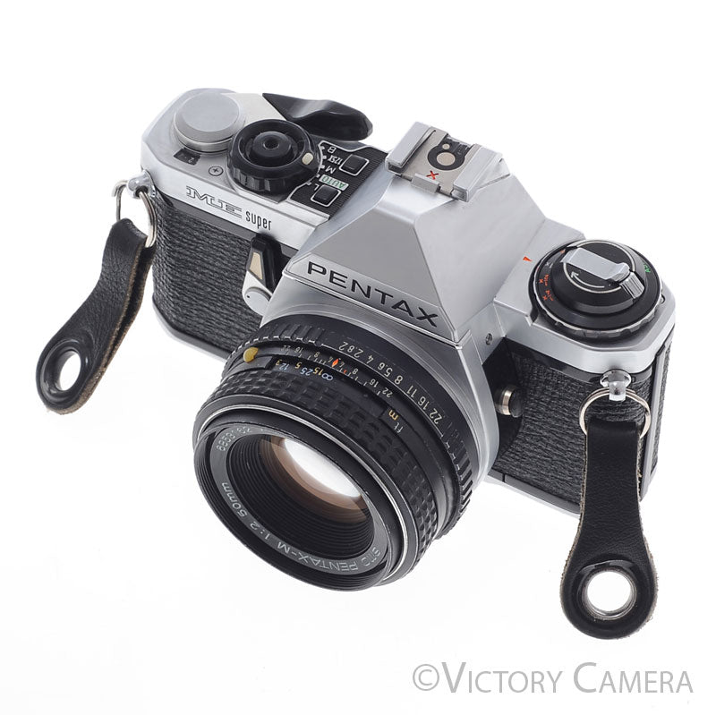 Pentax ME Super Chrome 35mm SLR Camera w/ 50mm f2 Lens [EXC-] - Victory Camera