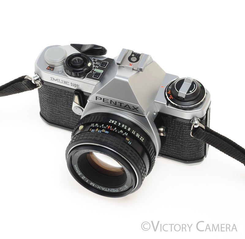 Pentax ME Super Chrome 35mm SLR Camera w/ 50mm f2 Lens -New Seals- [MINT-] - Victory Camera