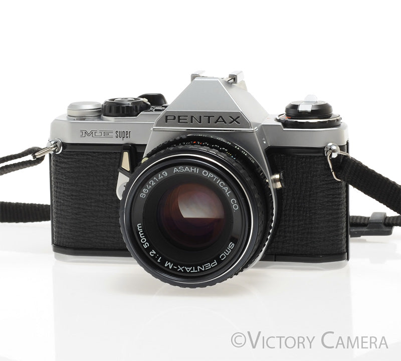 Pentax ME Super Chrome 35mm SLR Camera w/ 50mm f2 Lens -New Seals- [MINT-] - Victory Camera