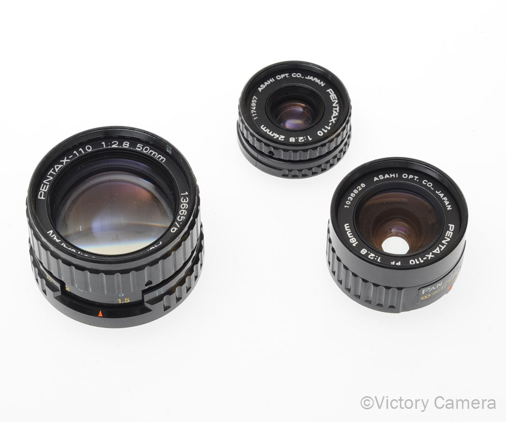 Pentax Auto 110 Lens Kit w/ 18mm f2.8, 24mm f2.8, 50mm f2.8 Prime Lens [EXC] - Victory Camera