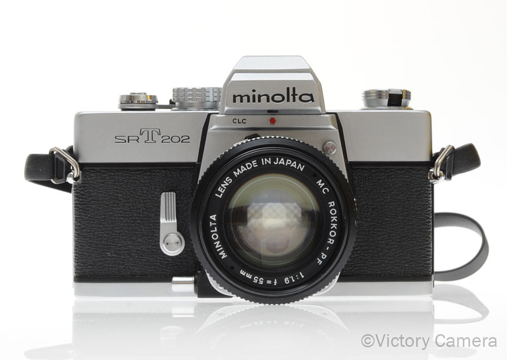 Minolta SRT 202 Chrome 35mm Camera w/ 50mm f1.9 Lens -New Seals- [EXC-