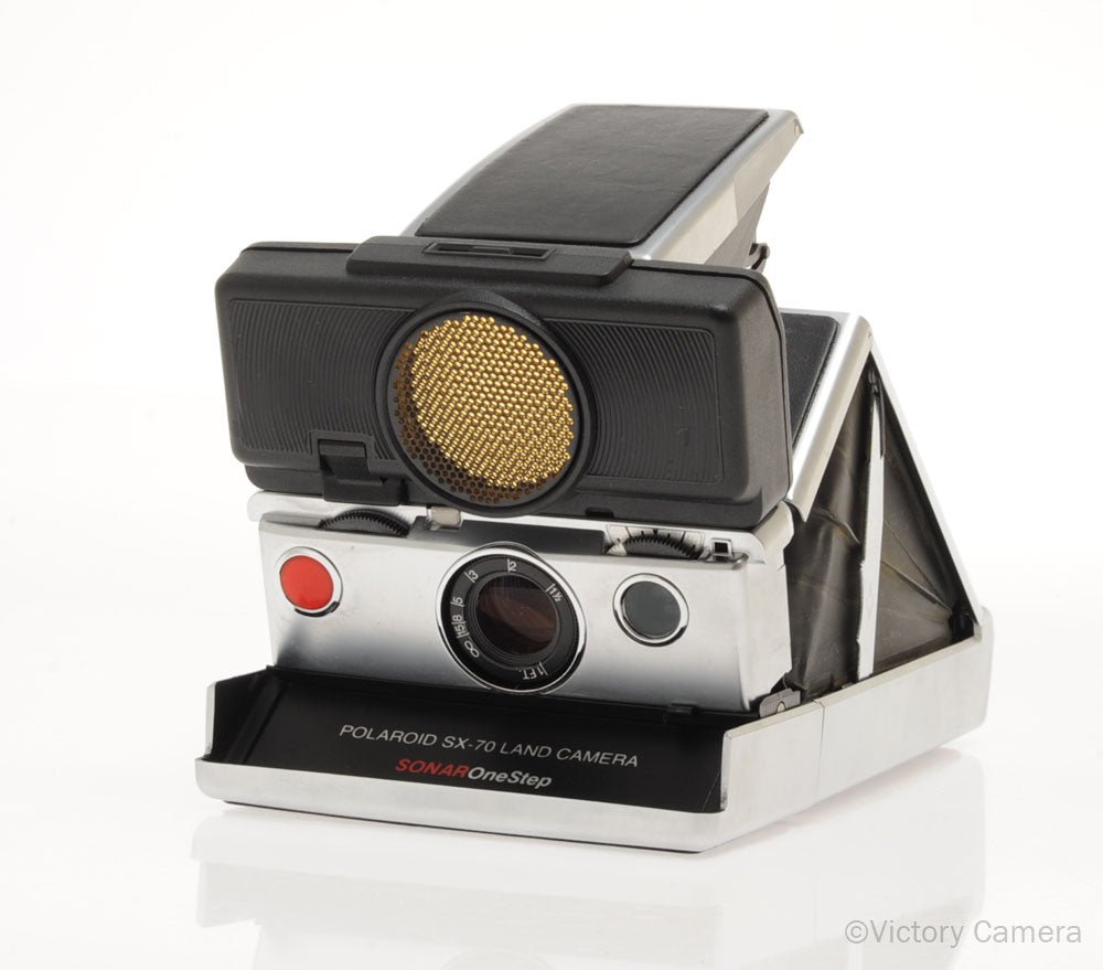 Polaroid SX-70 SX70 Sonar Chrome & Black Leather Camera w/ Box [EXC]