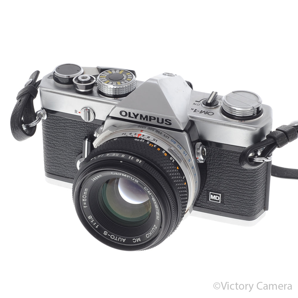 Olympus OM-1N MD Chrome Film Camera Body w/ 50mm F1.8 Lens [EXC] - Victory Camera