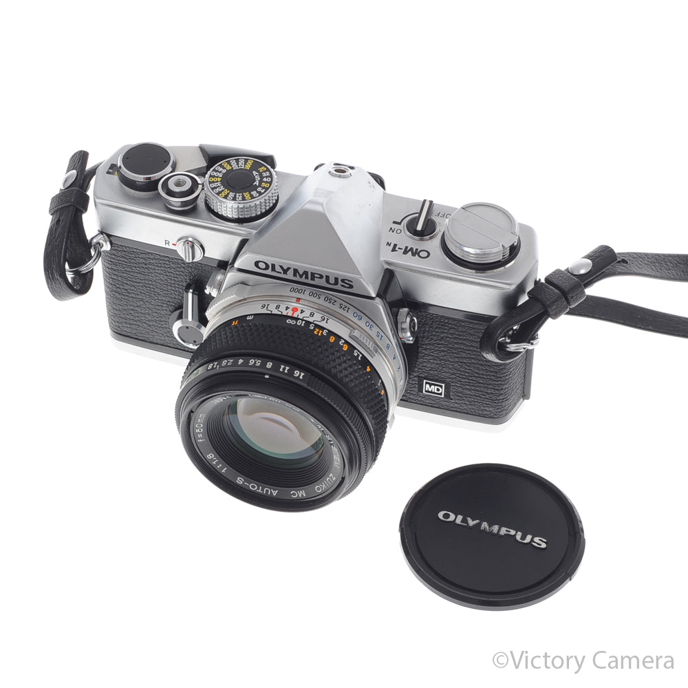 Olympus OM-1N MD Chrome Film Camera Body w/ 50mm F1.8 Lens [EXC] - Victory Camera